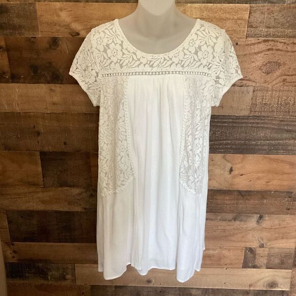 Peach Love Dress Mini Round Neck Lace Floral White Crinkle Fabric Lined Medium - Picture 10 of 10